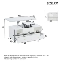 Extendable Lift-Top Coffee Table with Two Lift-Up Tabletops and Castors, Space-Saving Dining Table with four drawers, 100L x 50W x 47.5H cm, White(m-3)