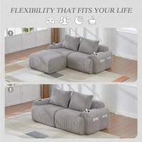 Modular 2-Seater Sofa with Foam-Filled Plush Seats, Light Grey Corduroy Couch with Built-In Cup Holder, 200L x 174W x 80H cm, Light Gray(m-5)