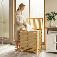 HOMCOM Coș de Rufe din Bambus 64L cu Capac, 2 Saci din Material Oxford Detașabili și Lavabili, Culoare Lemn(m-10)