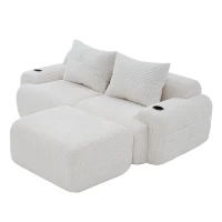 Modular 2-Seater Sofa with Foam-Filled Plush Seats, Beige Corduroy Couch with Built-In Cup Holder, 200L x 174W x 80H cm, Beige(m-11)