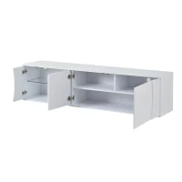 Freestanding TV Cabinet with LED Ambient Lighting and Tempered Glass Display, Modern Lowboard with 3 Doors, 180L x 40W x 45H cm, White(m-12)