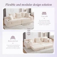 Convertible Sofa Bed with High Backrest and Extra Pillow, Ribbed Corduroy Couch with Dual Side Pockets, 107.5L x 38.5W x 34H cm, Beige(m-5)