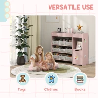 AIYAPLAY Kids Toy Storage, 9 Removable Fabric Bins, Wooden Toy Storage Units for Toys and Books for Bedroom, Nursery, Pink(m-7)