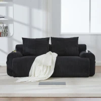 Modular 2-Seater Sofa with Built-In Cup Holder and Side Storage Pocket, Ribbed Corduroy Couch with High-Density Foam, 200L x 99W x 80H cm, Black(m-9)