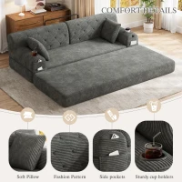 3-Seater Sleeper Sofa with Corduroy High-Back and High-Density Foam, Space-Saving Sofa Bed with 4 Side Pockets, 208L x 80W x 81H cm, Dark Gray(m-5)