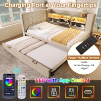 Convertible Daybed Trundle with Clever Storage and Sturdy Frame, Breathable Linen Sofa Bed with Integrated Charging, 204L x 107W x 88H cm, Beige(m-4)