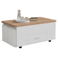 Extendable Lift Top Coffee Table with Hydraulic Lift, Space-Saving Center Table with 4 Hidden-Storage Stools, 100L x 50W x 45H cm, White+Natural(m-15)