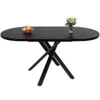Extendable Dining Table with Marble-Effect Top, Space-Saving Round Table with Sturdy X-Shaped Metal Frame, 100L x 100W x 75.5H cm, Black(m-2)