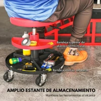 HOMCOM Taburete de Taller Giratorio con Ruedas Altura Ajustable de 40-51 cm y 2 Bandejas Carga 135 kg para Garaje Rojo(m-8)