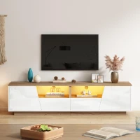 LED TV Stand with App-Controlled Ambient Lighting, Low-Profile TV Cabinet with Cable Management, 180L x 40W x 46H cm, White+Oak(m-9)
