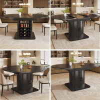 Extendable Dining Table with Hidden Storage and Wine Rack, Multifunctional Folding Table with Removable Shelves, 118L x 118W x 76H cm, Black(m-7)