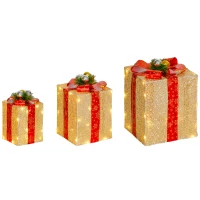 Outsunny Juego de 3 Cajas de Regalo Navidad con 58 LED Blanco Cálido Adornos Luminosos para el Árbol de Navidad Dorado(m-13)