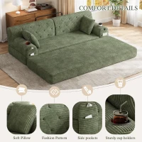 3-Seater Sleeper Sofa with Corduroy High-Back and High-Density Foam, Space-Saving Sofa Bed with 4 Side Pockets, 208L x 80W x 81H cm, Green(m-5)
