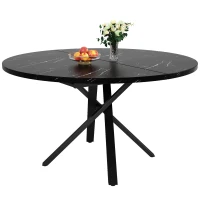 Extendable Dining Table with Marble-Effect Top, Space-Saving Round Table with Sturdy X-Shaped Metal Frame, 100L x 100W x 75.5H cm, Black(m-14)