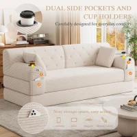 3-Seater Sleeper Sofa with Corduroy High-Back and High-Density Foam, Space-Saving Sofa Bed with 4 Side Pockets, 208L x 80W x 81H cm, Beige(m-8)