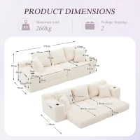Convertible Sofa Bed with High Backrest and Extra Pillow, Ribbed Corduroy Couch with Dual Side Pockets, 107.5L x 38.5W x 34H cm, Beige(m-3)