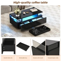 High-Gloss 3-Tier Coffee Table with Removable Tray, Sturdy Center Table with App-Controlled LED Lights, 90L x 45W x 35.5H cm, Black(m-6)