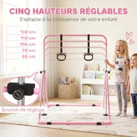 HOMCOM Barre de gymnastique pour enfants, barre horizontale pliable à hauteur réglable avec anneaux de gymnastique, rose(m-4)