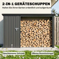 Outsunny 2-in-1 Kaminholzregal Außen verzinkter Stahl 235 x 67 x 149 cm Brennholzregal mit Geräteschrank Schrägdach Dunkelgrau(m-4)