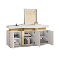 Modern Sideboard with Faux Marble Top and Anti-Tip Fixings, Luxury Storage Unit with Adjustable Shelves, 140L x 38W x 70H cm, White(m-9)