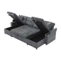Contemporary 4-Seater Sofa with 2 Chaise Longues, Ribbed Corduroy Couch with Built-In Cup Holders, 272L x 136W x 86H cm, Charcoal grey(m-14)