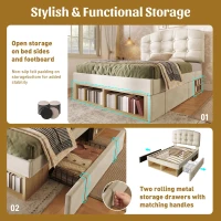 Upholstered Single Bed with Storage Drawers and Compartments, Plush Velvet Bed Frame with Button-Tufted Headboard, 198L x 101W x 120H cm, Beige(m-5)