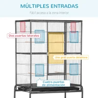 PawHut Jaula para Pájaros con Ruedas Pajarera Metálica con Perchas Comederos y Estante 81x48x162,5 cm Negro y Gris(m-5)