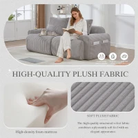 Modular 2-Seater Sofa with Built-In Cup Holder and Side Storage Pocket, Ribbed Corduroy Couch with High-Density Foam, 200L x 99W x 80H cm, Light Gray(m-7)