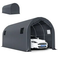 Outsunny Carport 3x6m, Garaj Portabil cu Ușă și Ferestre, Gri Închis(m-11)