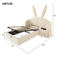 Bunny Ears Children's Single Bed with Hydraulic Lift Storage, Plush Velvet Bed Frame with Wooden Slatted Base, 206L x 149W x 143H cm, Beige(m-3)