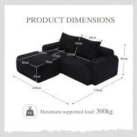 Modular 2-Seater Sofa with Foam-Filled Plush Seats, Black Corduroy Couch with Built-In Cup Holder, 200L x 174W x 80H cm, Black(m-3)