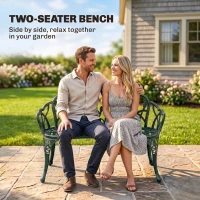 Outsunny Banc de jardin en aluminium moulé, banc extérieur 2 places avec dossier tulipe, assise florale, 99x57x78cm, vert antique(m-8)