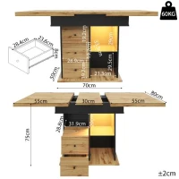 Telescopic Dining Table with App-Controlled LED Lighting, Modern Extension Table with Built-In Storage, 140L x 80W x 75H cm, Black+Natural(m-3)
