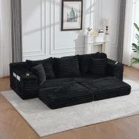 Convertible Sofa Bed with High Backrest and Extra Pillow, Ribbed Corduroy Couch with Dual Side Pockets, 107.5L x 38.5W x 34H cm, Black(m-1)
