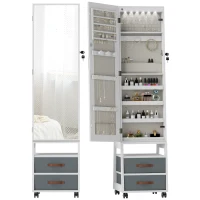 HOMCOM Espejo Joyero con Luces LED Interior Ruedas Giratorio de 360° Estantes Abiertos Cajones de Tela Blanco(m-11)