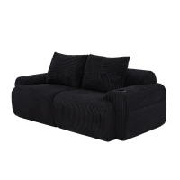Modular 2-Seater Sofa with Built-In Cup Holder and Side Storage Pocket, Ribbed Corduroy Couch with High-Density Foam, 200L x 99W x 80H cm, Black(m-10)