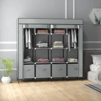HOMCOM Armario Ropero de Tela Armario Portátil con 10 Compartimentos 2 Rieles Colgantes y 4 Cajones 166x42,5x169,5 cm Gris(m-2)