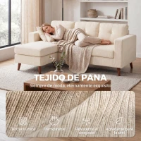 HOMCOM Sofá esquinero 192 cm en L 3 plazas con chaiselongue reversible, acabado en pana, para espacios pequeños, blanco crema(m-6)
