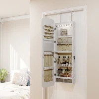 HOMCOM Espejo Joyero con Luz LED Montado en la Pared o en la Puerta con Cerradura Espejo Entero 2 Cajones Blanco(m-10)