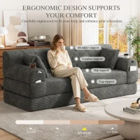 3-Seater Sleeper Sofa with Corduroy High-Back and High-Density Foam, Space-Saving Sofa Bed with 4 Side Pockets, 208L x 80W x 81H cm, Dark Gray(m-7)