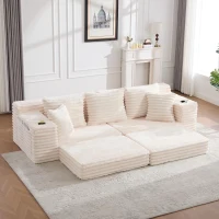 Convertible Sofa Bed with High Backrest and Extra Pillow, Ribbed Corduroy Couch with Dual Side Pockets, 107.5L x 38.5W x 34H cm, Beige(m-1)
