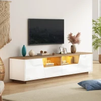 LED TV Stand with App-Controlled Ambient Lighting, Low-Profile TV Cabinet with Cable Management, 180L x 40W x 46H cm, White+Oak(m-7)