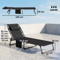 Outsunny Sdraio da Giardino con Schienale Regolabile su 5 Livelli, Poggiatesta e Tasca, 188x57x30cm(m-3)