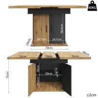 Telescopic Dining Table with Double-Sided Extension System, Modern Extension Table with Height-Adjustable Shelves, 140L x 80W x 75H cm, Black+Natural(m-3)