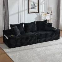 Convertible Sofa Bed with High Backrest and Extra Pillow, Ribbed Corduroy Couch with Dual Side Pockets, 107.5L x 38.5W x 34H cm, Black(m-9)
