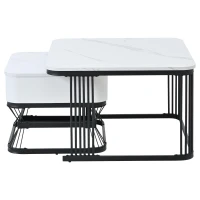 Nesting Coffee Table Set with Open Storage Shelf, Space-Saving Center Table Set with MDF Tops, 70L x 70W x 45H cm, White+Black(m-13)