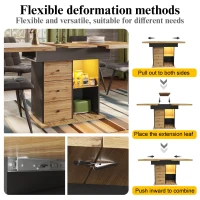 Telescopic Dining Table with App-Controlled LED Lighting, Modern Extension Table with Built-In Storage, 140L x 80W x 75H cm, Black+Natural(m-6)