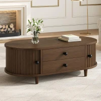 Oval Coffee Table with Sliding Roll-Top Doors, Sturdy Center Table with Two Drawers, 100L X 50W X 36H cm, Walnut(m-8)
