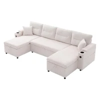 Contemporary 4-Seater Sofa with 2 Chaise Longues, Ribbed Corduroy Couch with Built-In Cup Holders, 272L x 136W x 86H cm, Beige(m-14)