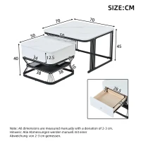 Nesting Coffee Table Set with Open Storage Shelf, Space-Saving Center Table Set with MDF Tops, 70L x 70W x 45H cm, White+Black(m-3)